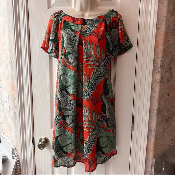 Davi & Dani Tropical Print Off Shoulder Lined Dress With Side Pockets Size S - Picture 1 of 9